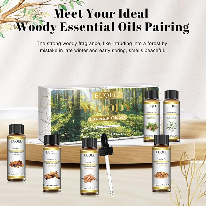 10ml Woody Essential Oils Set - Pure & Nature Essential Oils for Aromatherapy, Diffuser, Candle Making, Massage - Eucalyptus, Cedarwood, Sandalwood, Frankincense, Cinnamon