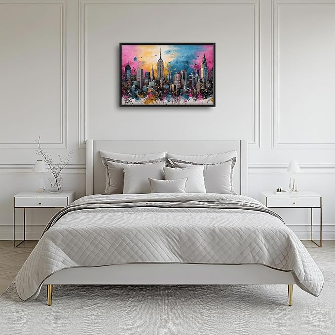 Glocmna Large Wall Art for Living Room Banksy Street Graffiti New York City Wall Decor Modern Skyline Cityscape Pictures Painting Big Canvas Print Framed Artwork Decorations Home Office Bedroom 24"x36"