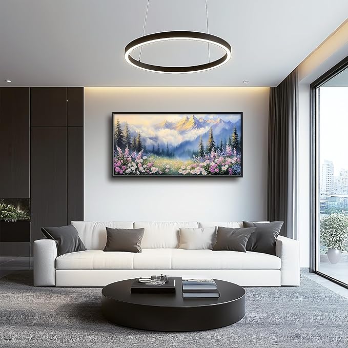 Framed Large Wall Art for Living Room, Forest Mountain Canvas Wall Decor, Flowers Tree Pictures Painting, Modern Landscape Artwork for Bedroom Office 60L'' × 30W''