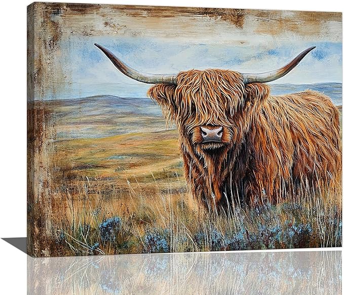 Olivine Highland Cow Wall Art, Rustic Farmhouse Cow Pictures Wall Decor, Country Painting Canvas Prints, Framed Artwork for Bathroom Bedroom Living Room Office Home Decoration 24"x16"