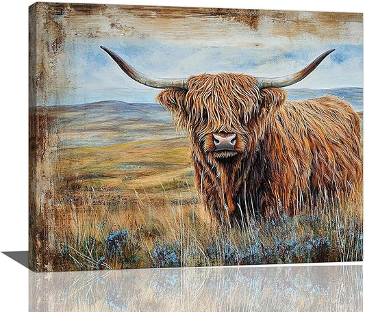 Olivine Highland Cow Wall Art, Rustic Farmhouse Cow Pictures Wall Decor, Country Painting Canvas Prints, Framed Artwork for Bathroom Bedroom Living Room Office Home Decoration 24"x16"