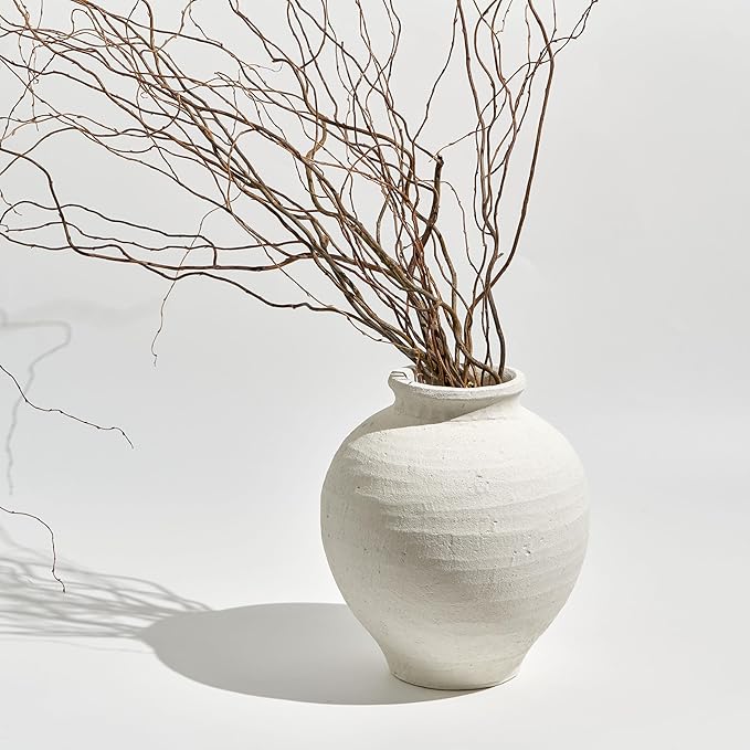 LB2 Large White Ceramic Vase, 11" Tall Zen Style vase, Terra Cotta Pitcher Vase, Distressed Farmhouse Decor, Pottery Decorative Flower for Home Decor (H 11.8" X 11")