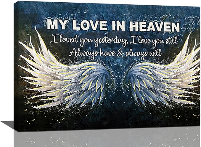 Fleruku Angel Wings Wall Art Memorial Motivational Wall Decor Wings My Love In Heaven Pictures Canvas Painting Artwork Home Decorations for Living Room Bedroom Bathroom Office 24"x16"