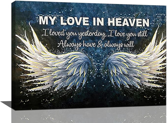 Fleruku Angel Wings Wall Art Memorial Motivational Wall Decor Wings My Love In Heaven Pictures Canvas Painting Artwork Home Decorations for Living Room Bedroom Bathroom Office 24"x16"