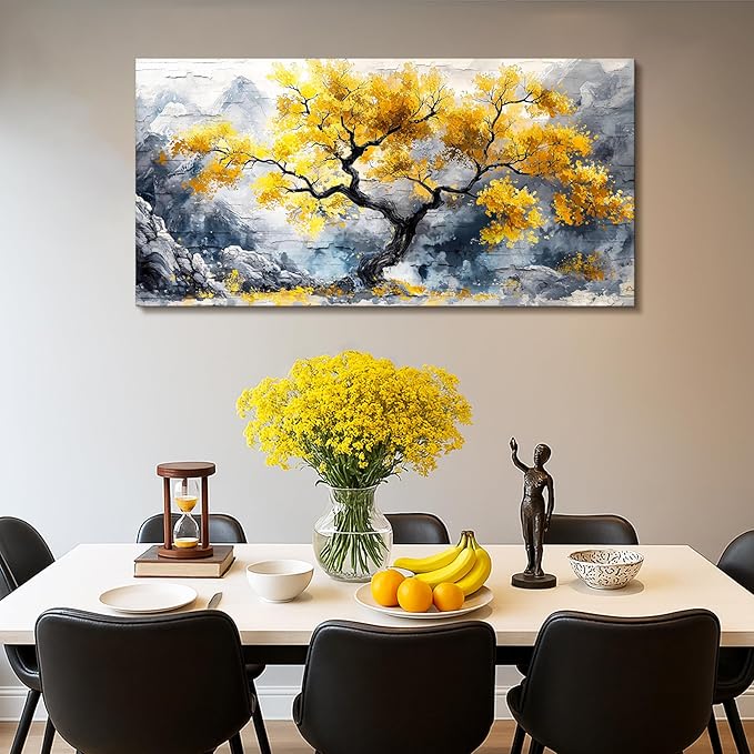 crmotu Tree of Life Large Wall Art, Chinoiserie Scenic Ink Paintings, Mountain Tree Landscape Artwork for Walls, Abstract Watercolor Modern Wall Decor Living Room Bedroom Office Art Prints 24x48inch