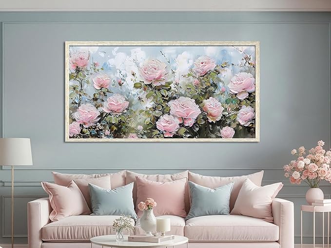 Ardemy Pink Rose Wall Art Canvas for Living Room Flower Painting Modern Textured Floral Bedroom Picture Artwork Framed Home Office Kitchen Decor, Large 48"x24"