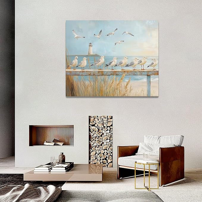 Olivine Beach Wall Art, Coastal Seagull Lighthouse Bathroom Pictures, Nautical Canvas Prints Painting for Living Room Bedroom Dinning Room Kitchen 20x16 Inch Framed