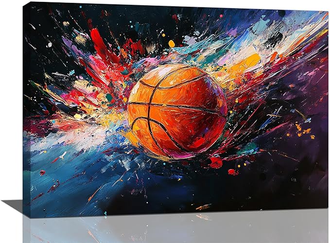 Olivine Basketball Wall Art, Graffiti Sports Picture, Colorful Sport Canvas Print Painting, Framed Artwork for Bathroom Bedroom Living Room Office Home Decoration 24"x16"