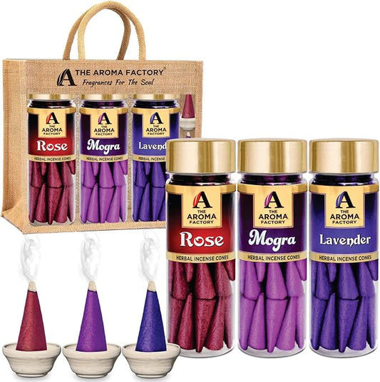 The Aroma Factory Organic Dhoop Cones | Rose, Mogra & Lavender Incense Cones |No Charcoal, Scented Incense | 3x30 Cones, Pack of 3