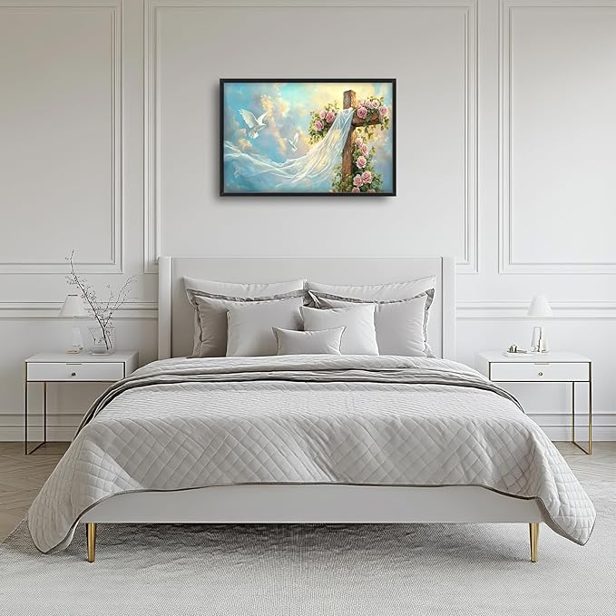 Cross Jesus Wall Art Large Christian Religious Pictures Wall Decor Rose Dove Big Canvas Painting Prints Framed Artwork Home Church Decorations Above Bed for Prayer Bedroom Living Room Dining Room 36"x24"