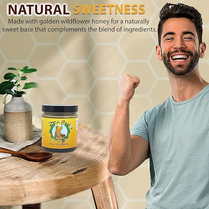 Zen Bear Organic Bee-ing Better Honey Tea - Echinacea, Lemon Balm, Ginger & Cayenne Infused Raw Honey Tea - Daily Well-Being Elixir for Immune Support & Delightful Flavor | 8 oz Jar