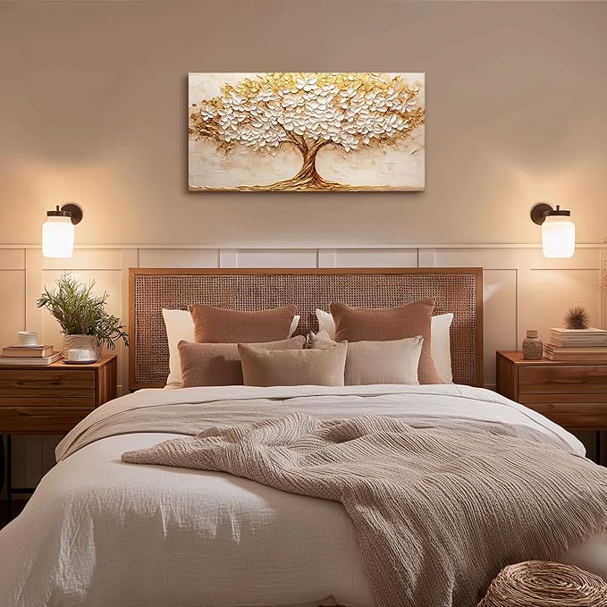 crmotu Tree of Life Large Wall Art, Blooming Flower Tree Art Prints, White Gold Abstract Landscape Paintings, Modern Trendy Home Wall Decor Living Room Bedroom Above Bed Canvas Pictures 20x40 Inch