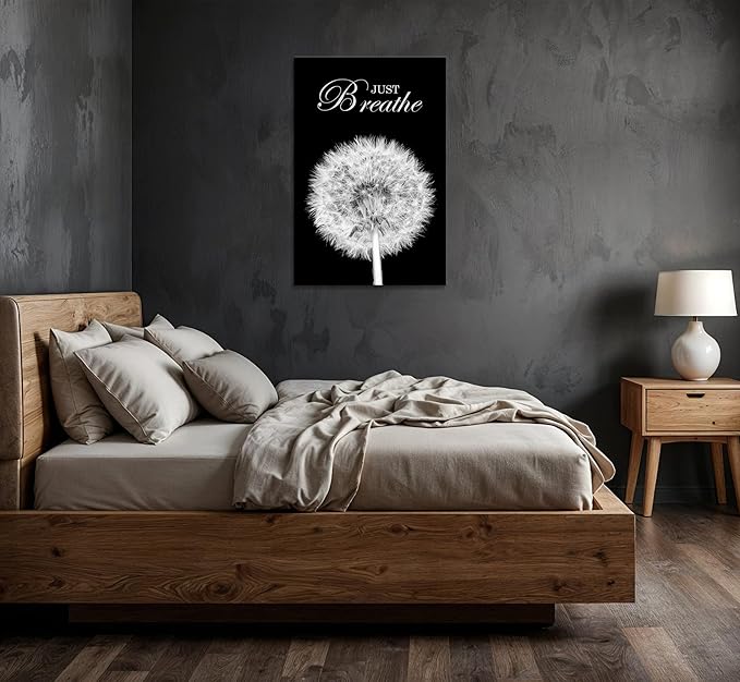 YIOZHAOFH Black Dandelion Picture Artwork Bedroom Decoration Just Breathe Canvas Painting Photo Relaxing Meditation Art Wall Decor Framed for Home Room Office Dorm (16L x 24W)
