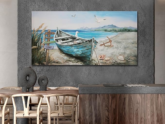 Anolyfi Large Beach Picture Wall Art Coastal Boat Blue Ocean Landscape Canvas Art Seagull Nautical Seascape Textured Painting Artwork Framed for Living Room Bedroom Bathroom Office Home Decor 48"x24"