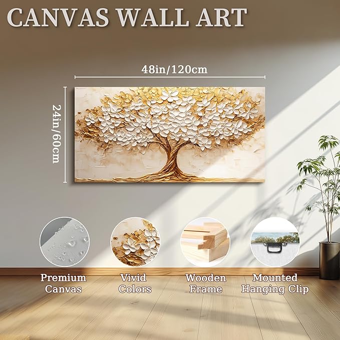 crmotu Tree of Life Large Wall Art, Blooming Flower Tree Art Prints, White Gold Abstract Landscape Paintings, Modern Trendy Home Wall Decor Living Room Bedroom Above Bed Canvas Pictures 24x48 Inch