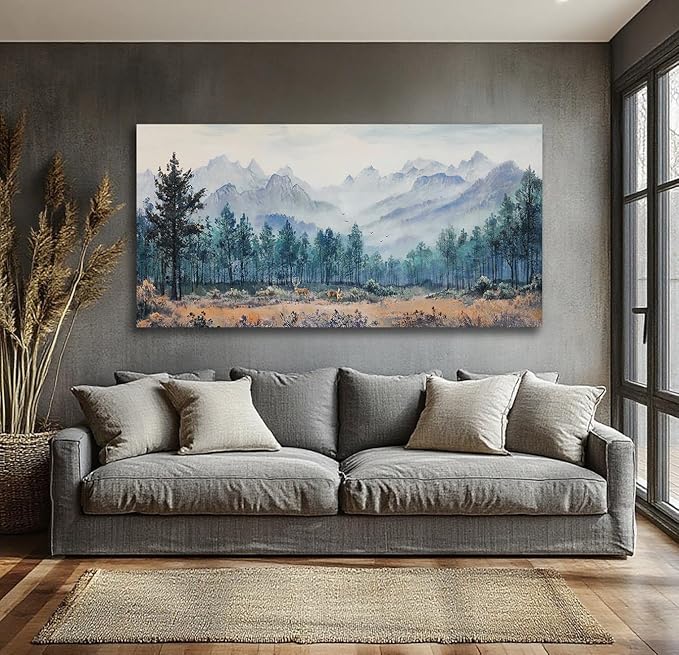 Anolyfi Forest Mountain Canvas Wall Art Nature Tree Landscape Painting, Panoramic Scenery Picture Textured Large Artwork Framed for Living Room Bedroom Bathroom Kitchen Office Home Decor 48"x24"