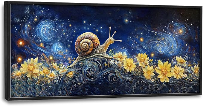 SweetFox Extra Large Snail Sunflower Framed Wall Art for Living Room, Snail Starry Night Sky Pictures Oversized Wall Decor Abstract Big Canvas Painting Print Artwork for Bathroom Bedroom 60L X 30W