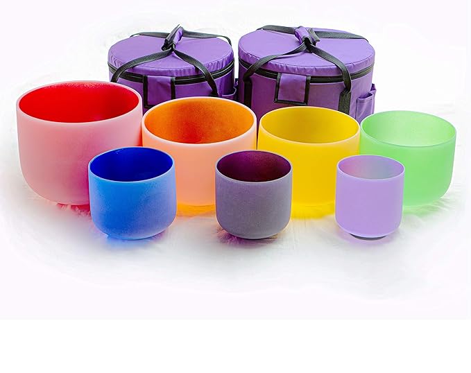Leize Chakra Tuned 432hz Set of 7 Color Quartz Crystal Singing Bowls 6-12 inch with Heavy Duty Carrying Cases and Singing Bowl Mallets