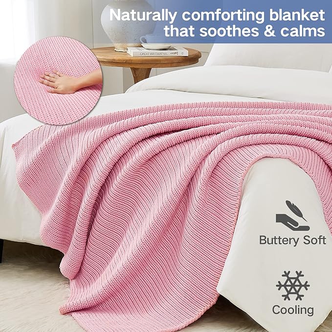 Guohaoi Knitted Weighted Blanket for Adults (Pink 50"x75" 15lbs) No Beads Cooling Throw Blanket for Hot Sleepers, Home Decor Breathable Chunky Knit Heavy Blanket Use on Full Size Bed