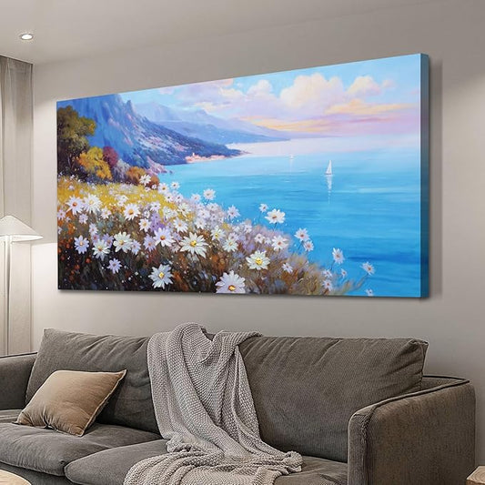 Anolyfi Coastal Landscape Wall Art Nature Flower Mountain Canvas Painting Blue Ocean Seascape Picture, Textured Artwork Large Framed for Living Room Bedroom Bathroom Kitchen Office Home Decor 58"x29"