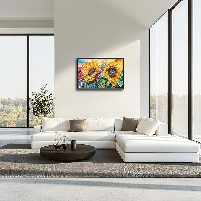 Framed Large Wall Art for Living Room, Sunflower Canvas Wall Decor, Flower Pictures Painting, Natural Landscape Artwork for Living Room Bedroom Office 36L'' × 24W''