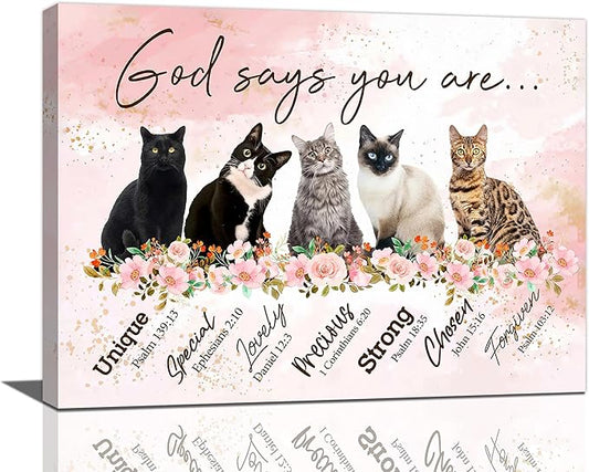 God says you are decor wall art cat canvas Pictures Christian Wall Decor flower Canvas for Girl’s Room Prints Painting Framed Artwork for Bathroom living room Bedroom 16"x12"
