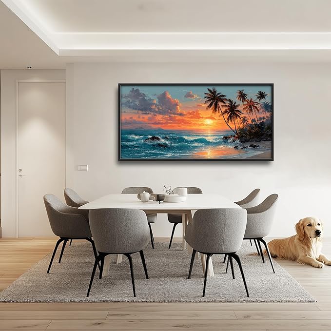 Glocmna Large Wall Art for Living Room Beach Sunset Ocean Waves Wall Decor Tropical Coastal Palm Trees Scenery Canvas Big Seascape Pictures Painting Print Framed Artwork Decorations Gifts for Bedroom Home Office Hotel 30"x60"
