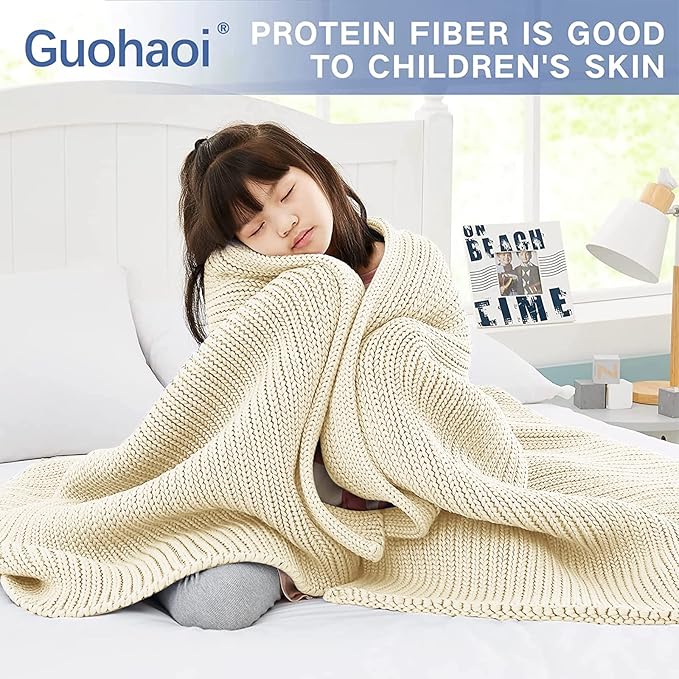 Guohaoi Knitted Weighted Blanket Kids (Cream 50"x60" 10lbs) No Beads Cooling Heavy Blanket, Home Decor Breathable Chunky Knit Throw Blanket for All-Season Use