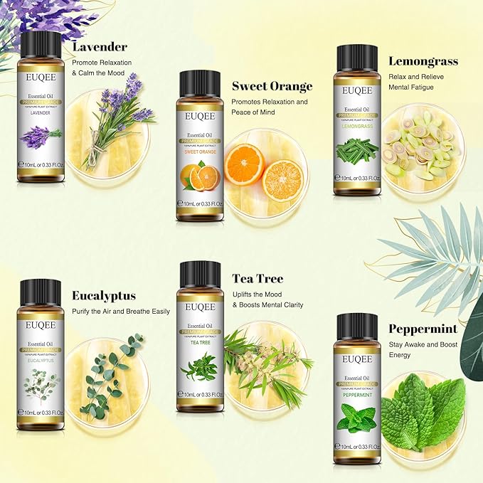 Classic Essential Oil Set of 6 Pure Essential Oil Gift Set for Diffusers, Soap Candle Making - Lavender, Eucalyptus, Peppermint, Tea Tree, Sweet Orange, Lemongrass Aromatherapy Oils -10ml