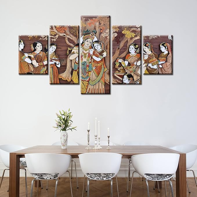 Radha Krishna Wall Decor for Living Room Watercolor Indian God Canvas Print 5 Piece Vintage Artwork Framed 60" Wx32 H