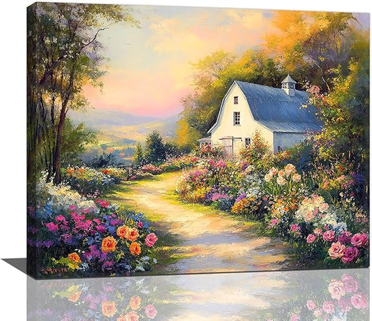 Olivine Garden Wall Art, Barn Pictures Wall Decor, Sunset Painting Vintage Village Garden Canvas Print, Framed Artwork for Living Room Bedroom Bathroom Office Home Decoration 20"x16"