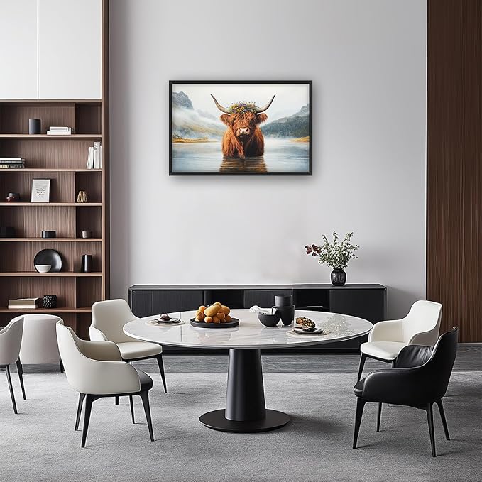 Framed Large Wall Art for Living Room, Highland Cow Canvas Wall Decor, Large Mountain Animal Pictures Framed Painting, Natural Landscape Artwork for Bedroom Office Home Decor 36L'' × 24W''