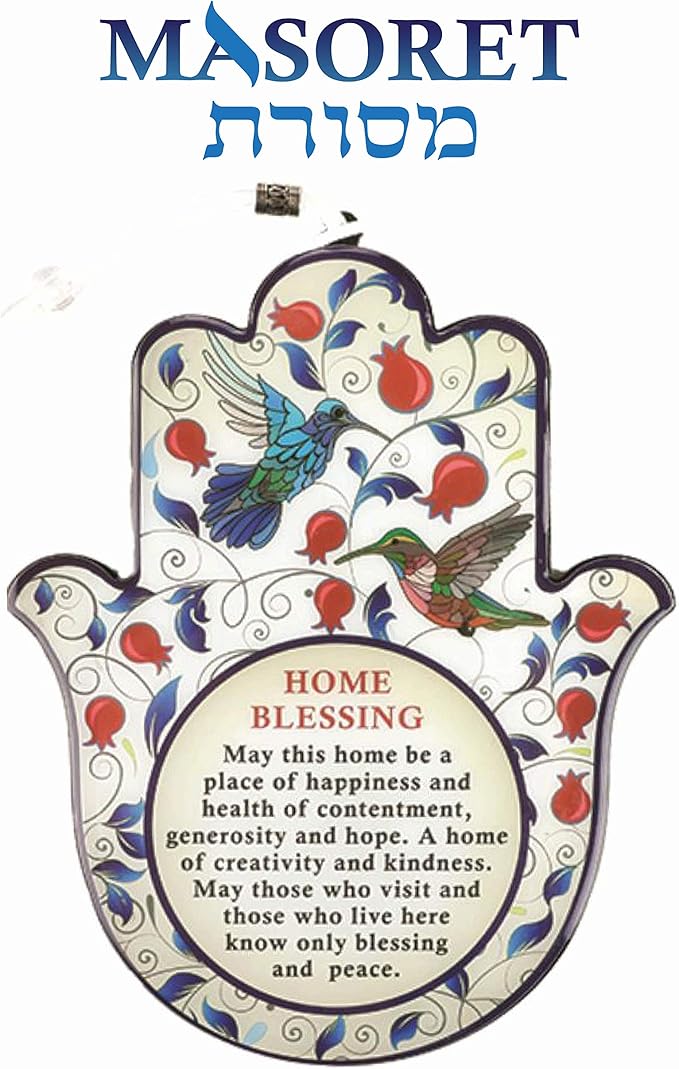 Epoxy Hamsa English Home Blessing 7.5" with Red Pomegranates Motif - Good Luck Hamsa Hand Wall Hanging Decor, Evil Eye Protection Amulet