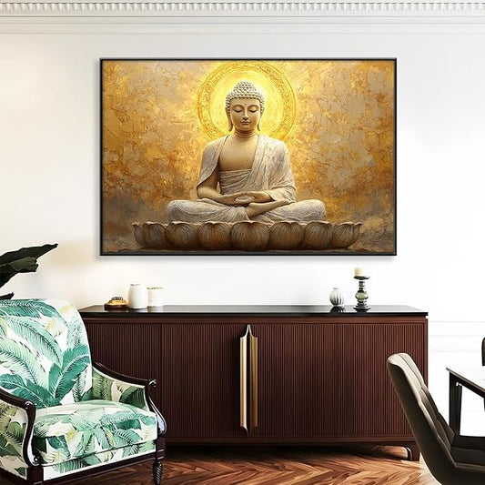 Golden Buddha Canvas Wall Art, Zen Buddha Canvas Print, Buddha Statue Wall Decor, Buddhism Canvas Art, Spiritual Wall Art, Meditation Buddha Wall Art, Gold Bedroom Decor, Home Decor (Black Framed, 59"x39" | 150x100cm)