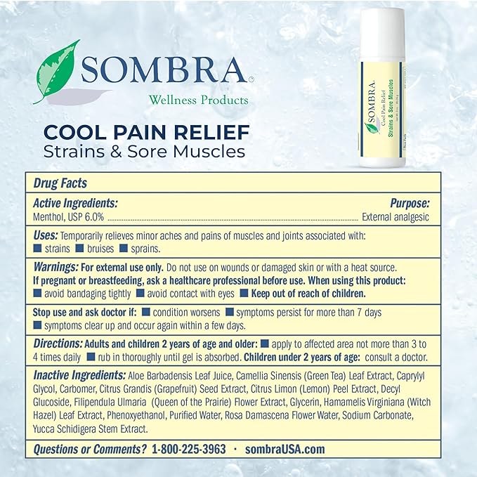 Sombra Cool Pain Relief Gel Cold Pain Relief for Swelling, Growing Pains, Soreness, Post-Workout, Vegan Formula Free of Artificial Fragrances, Dyes, NSAID, Wax, Petroleum, Alcohol - 3oz Roll-On