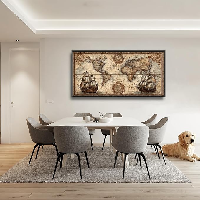 Glocmna Large Old World Map Wall Art for Living Room Antique Old Nautical Sailboat Map Canvas Wall Decor Age of Discovery Big Vintage Geography Sea Voyages Pictures Painting Print Framed Artwork Decorations Gifts for Bedroom Home Office 30"x60"