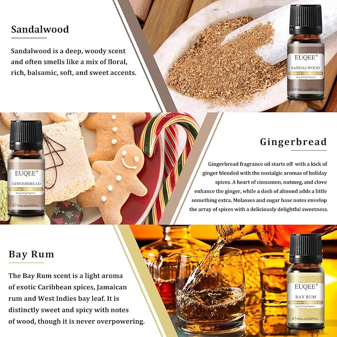 6PCS Spice Autumn Fragrance Oil Set, Scented Oils for Candle Making, Diffusers Aromatherapy Halloween Fragrance Oils for Diffuser & DIY Candles-Sandalwood, Harvest Spice, Bay Rum, Snickerdoodle