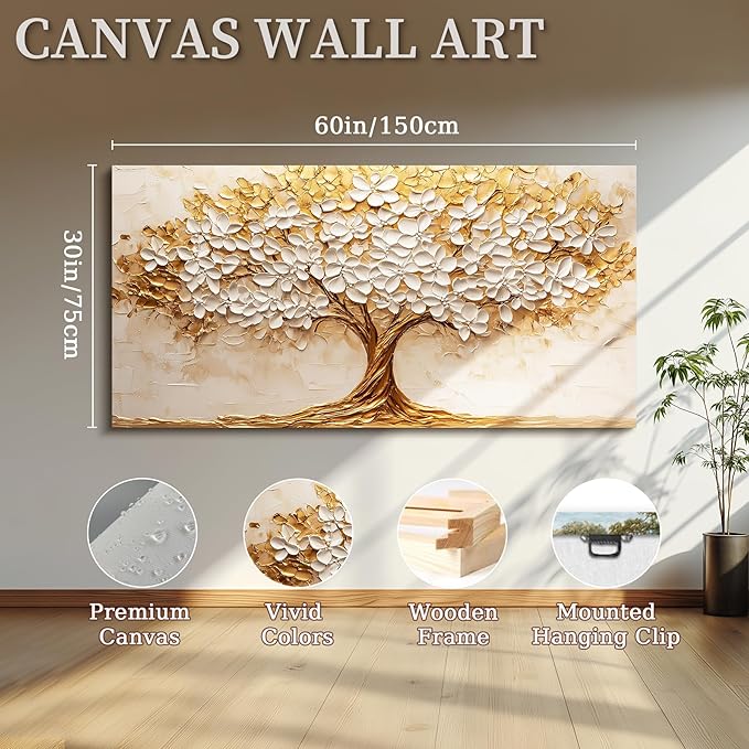 crmotu Tree of Life Wall Art, White Gold Tree Extra Large Canvas Paintings, Nature Landscape Abstract Art Prints, Modern Aesthetic Pictures Wall Decor Living Room Office Ready to Hang 30x60 Inch
