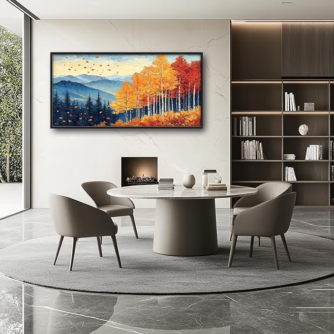 Fall Maple Leaf Large Wall Art Autumn Leaves Pictures Wall Decor Mountain Canvas Landscape Painting Modern Artwork Home Decoration for Living Room Bathroom Bedroom Office Framed 60"x30"