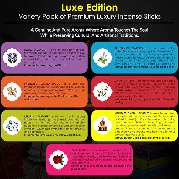 Luxe Incense Sticks Set – 175 Hand-Rolled Natural Incense with Holder | 7 Fragrances: Lavender, Sandalwood, Jasmine, Rose, Vanilla, Patchouli, Indian Temple | Aromatherapy, Meditation, Yoga, Gift