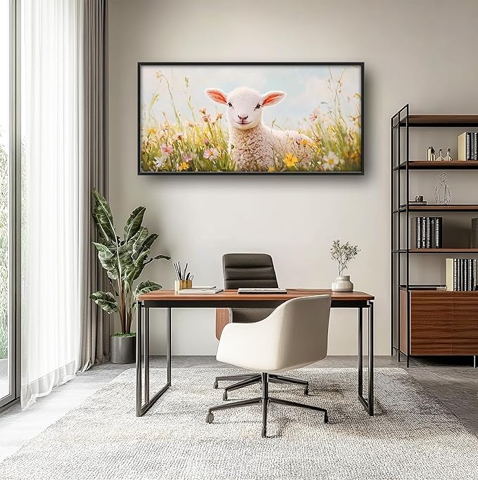 Kylora Lamb Wall Art Sheep Pictures Wall Decor Flower Field Large Master Over Above Bed Canvas Christian Prints Horizontal Modern Artwork Painting Home Office Decorations For Kitchen Bedroom 30"x60"