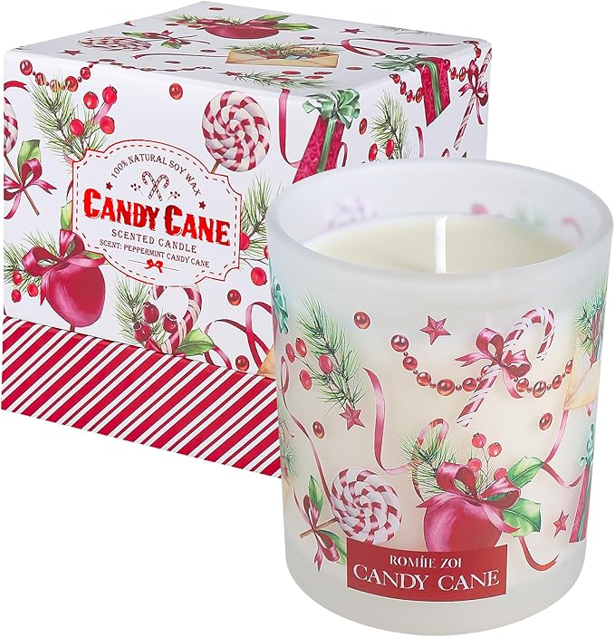Christmas Scented Jar Candle - 6oz Soy Wax Candle - Candy Cane Infused with Peppermint Candy Cane Aroma - with Beautiful Keepsake Box Special for Holiday Gifts
