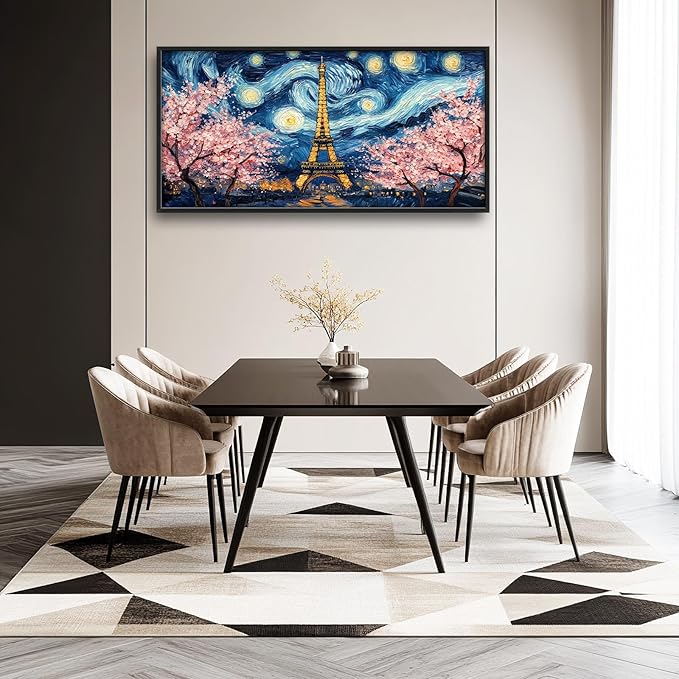 Eiffel Tower Large Wall Art Paris Cherry Blossom Pictures Wall Decor Landmark Landscape Canvas Starry Sky Print Painting Modern Artwork Home Decoration for Living Room Bathroom Bedroom Office Framed 60"x30"