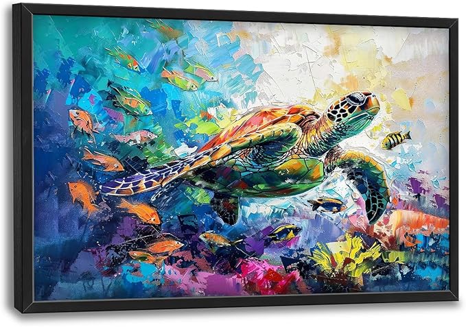 Large Sea turtle Framed Wall Art for Living Room Ocean Sea Turtle Pictures Canvas Coastal Beach Print Painting Artwork Nautical Home Decorations for Bathroom Bedroom Office 36x24 inch