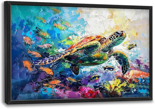 Large Sea turtle Framed Wall Art for Living Room Ocean Sea Turtle Pictures Canvas Coastal Beach Print Painting Artwork Nautical Home Decorations for Bathroom Bedroom Office 36x24 inch
