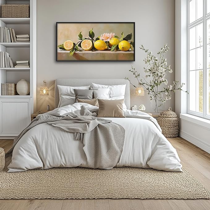 Kylora Lemon Wall Art Still Life Lemons Pictures Wall Decor Fruit Large Master Over Above Bed Canvas Prints Horizontal Modern Artwork Oil Painting Home Office Decorations For Kitchen Bedroom 30"x60"