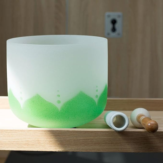 Leize Lotus Design Quartz Crystal Singing Bowl F Note 432 hz Heart Chakra White 8" with Heavy Duty Carrying Case Suede Striker