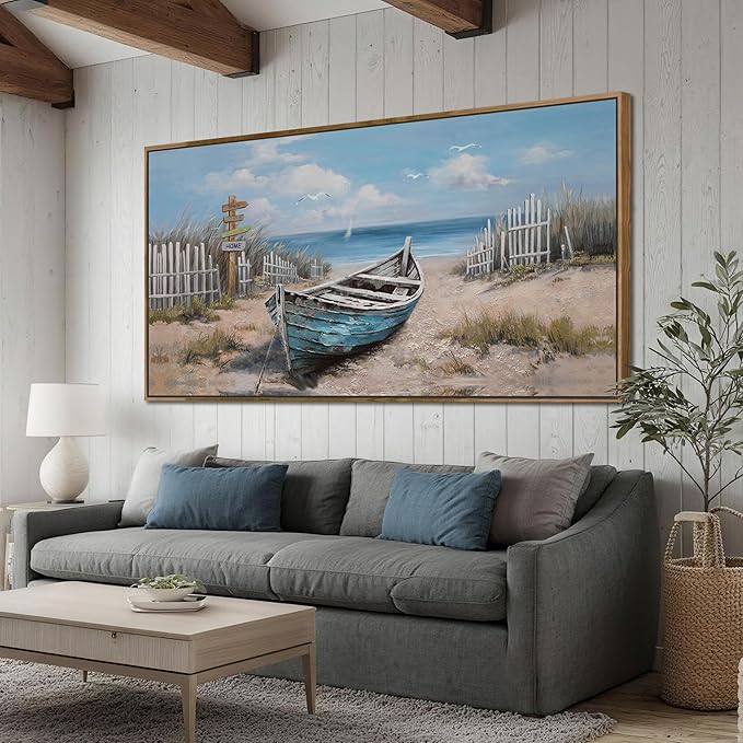 Ardemy Framed Blue Wall Art for Bedroom Canvas Picture Oversize Wall Decor Living Room, Textured Painting Beach Seascape Picture Artwork, Extra Large 58"x29"