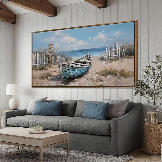 Ardemy Framed Blue Wall Art for Bedroom Canvas Picture Oversize Wall Decor Living Room, Textured Painting Beach Seascape Picture Artwork, Extra Large 58"x29"