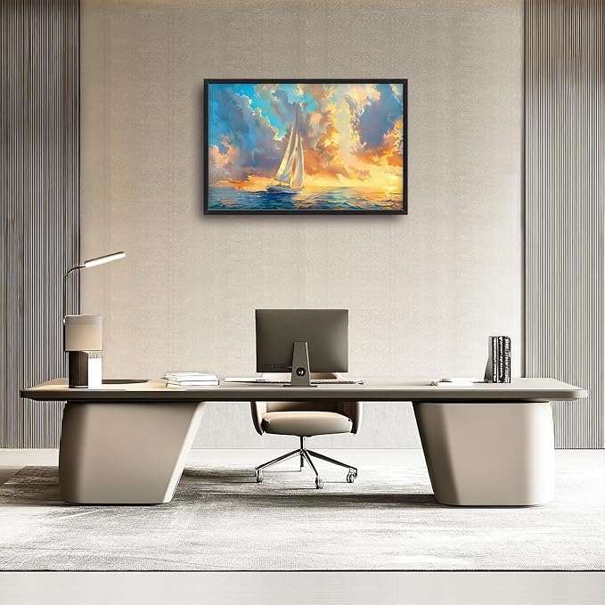 Large Ocean Sailboat Framed Wall Art for Living Room Blue Coastal Pictures Wall Decor Ocean Canvas Print Painting Artwork Modern Home Decorations for Living Room Bedroom Office 36x24 inch